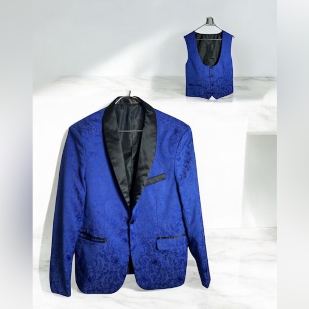 2pcs Men's Blue Pasley Jacket Blazer With Black Satin Lapel & Blue Dress Vest/S